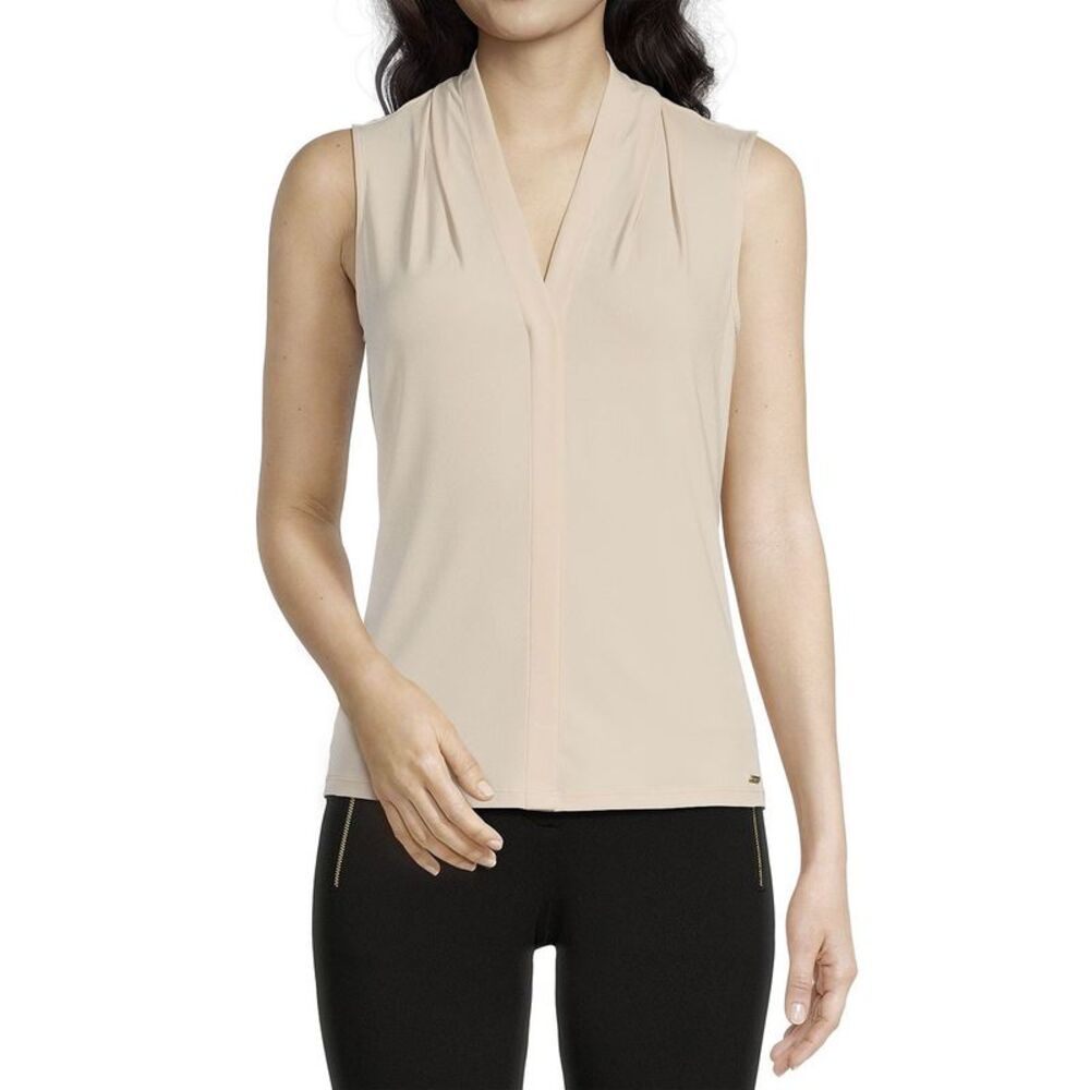 Calvin Klein Womens Gathered V-Neck Sleeveless Top Small Beige - NWT